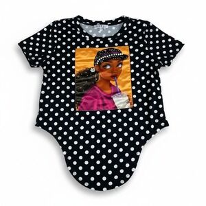 Love J Polka Dot Graphic Bodysuit Black White Short Sleeve Women's Size Large
